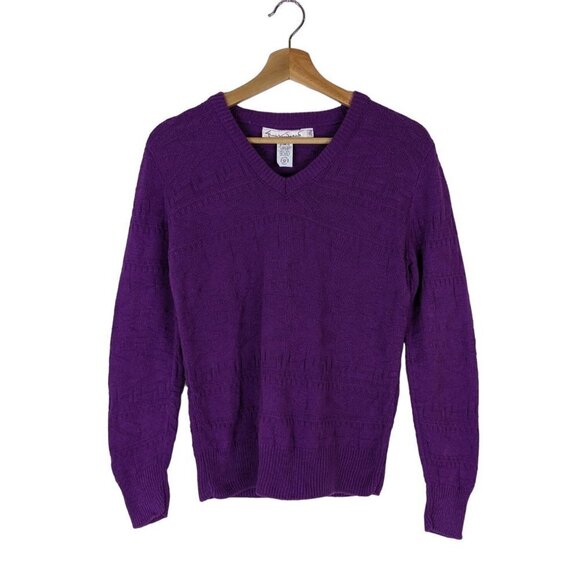 Vintage GLORIA VANDERBILT Women's Purple 100% Cotton V-Neck Pullover Sweater S - Picture 1 of 8